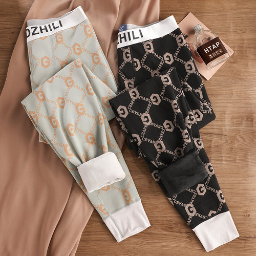 男士保暖裤加绒加厚秋裤潮男青年字母修身防寒打底裤棉毛裤秋冬季