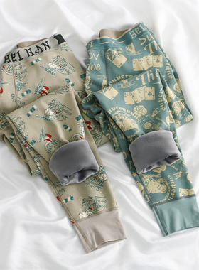 男士保暖裤加绒加厚男秋裤新款潮流印花青年学生冬季修身打底毛裤