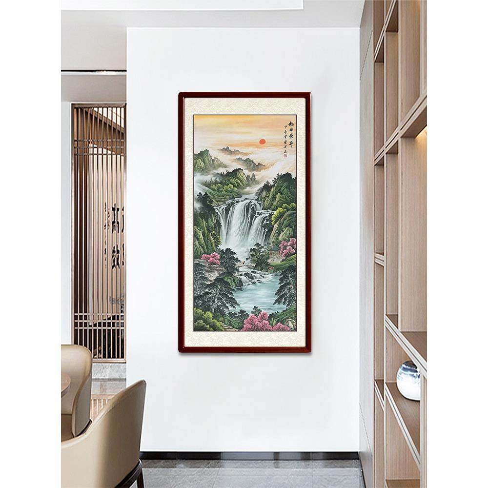国画山水画玄关过道装饰画旭日东升风景靠山画聚宝盆流水生财竖版