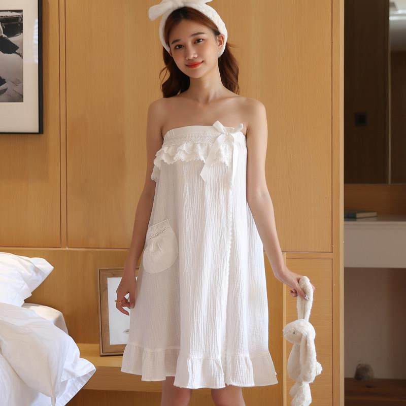 可穿可裹浴巾睡裙衣可爱双层纱吸水浴袍美容院抹胸浴裙女客服