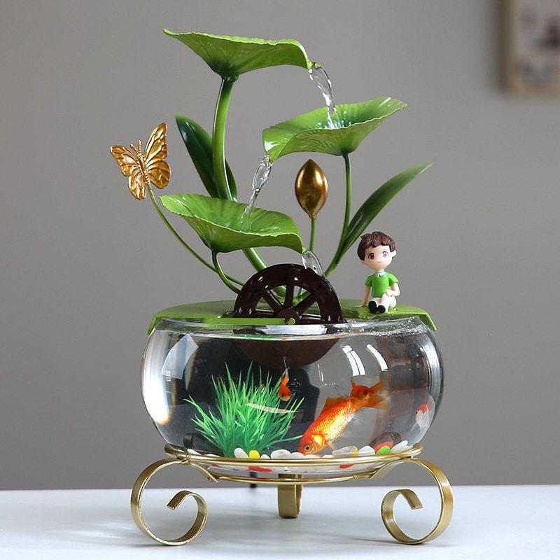 创意荷花流水摆件客厅公室桌面小玻璃鱼缸喷泉景观轻奢装饰礼品