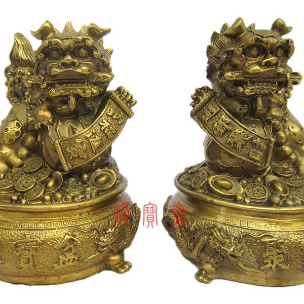 纯铜狮咬剑聚宝盆风水摆件镇宅招财家居饰品礼品