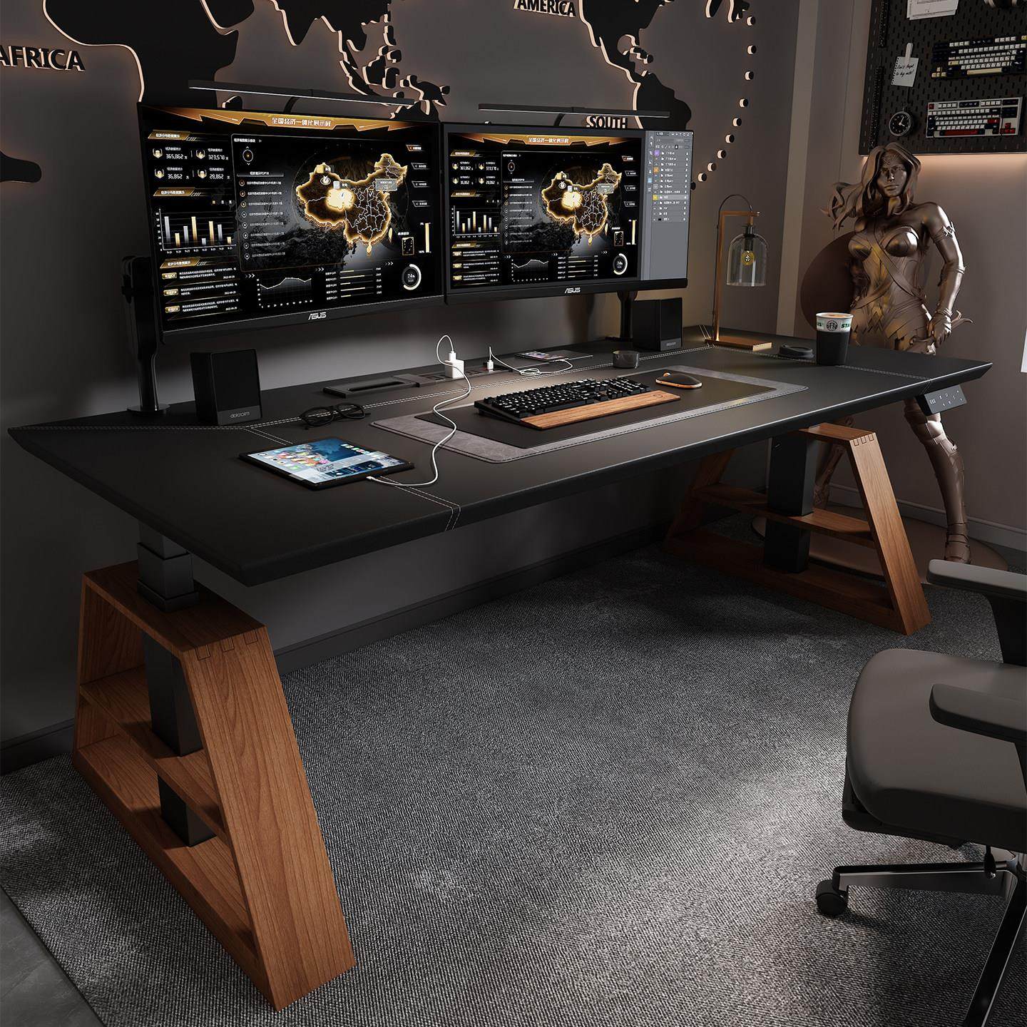 电动升降桌腿工作台家用电脑桌子升降马鞍皮岩板加长电竞办公书桌