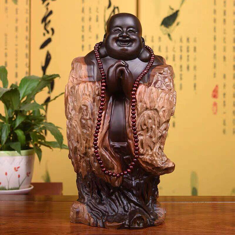 黑檀实木雕刻弥勒佛根雕摆件大号恭喜笑佛像工艺礼品摆饰红木家居