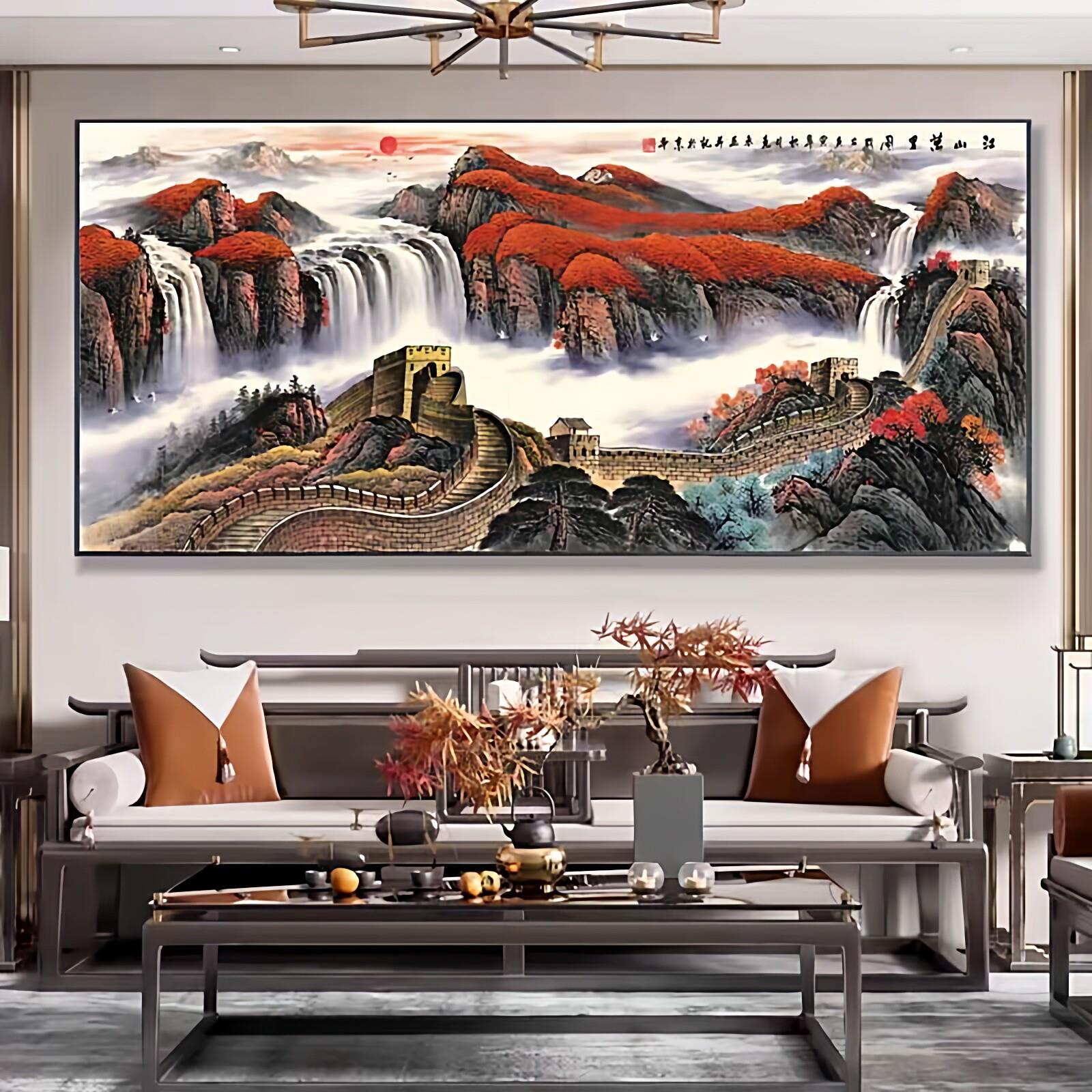 国画山水风景靠山装饰画办公室挂画客厅中堂画沙发背景墙壁画中式