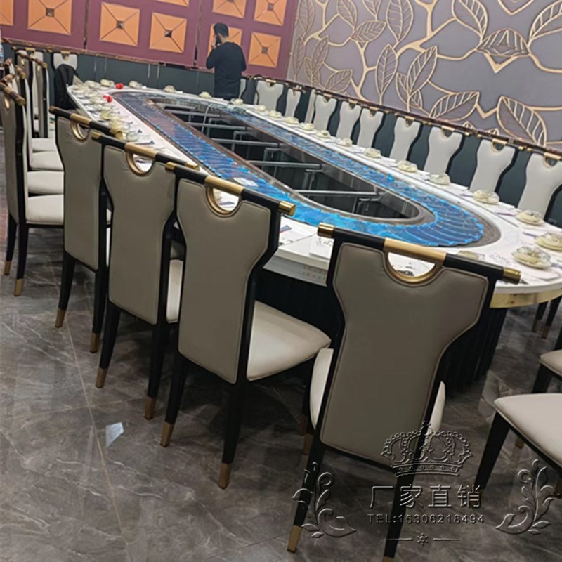 中式岩板长条电动餐桌 可旋转中餐大餐盘 适用20人的自动餐桌