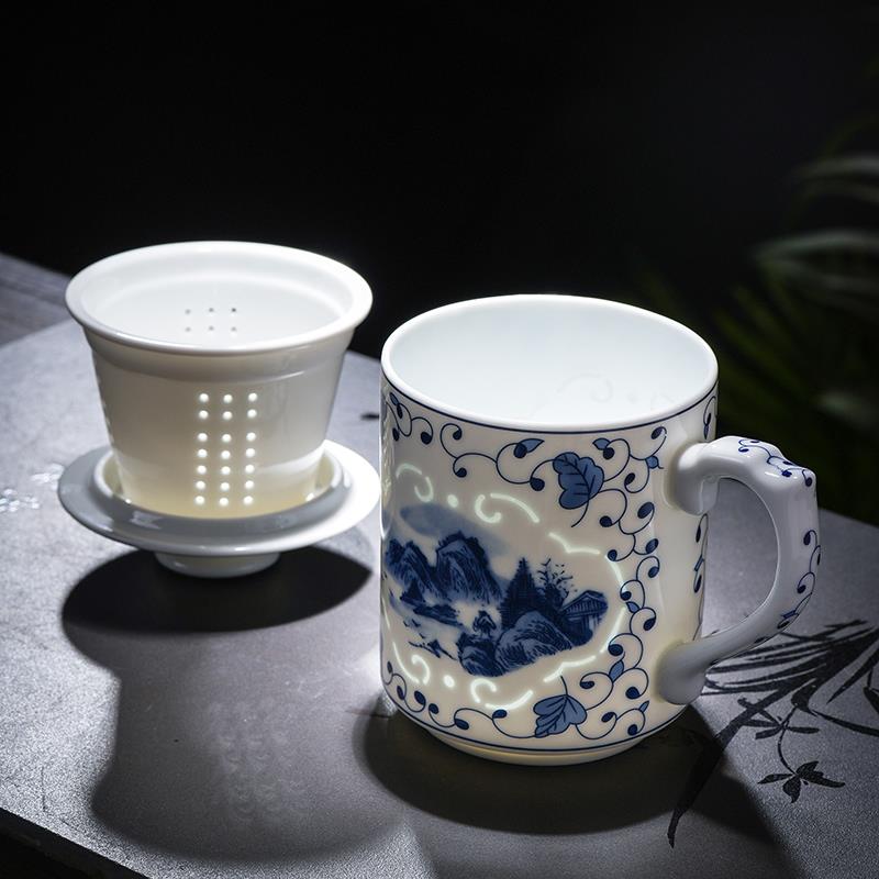 景德镇传统工艺玲珑陶瓷茶杯带盖泡茶杯过滤办公杯家用瓷杯礼盒装