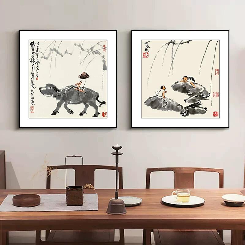 李可染水墨山水画国画新中式玄关走廊装饰画客厅书房挂画牧五牛图