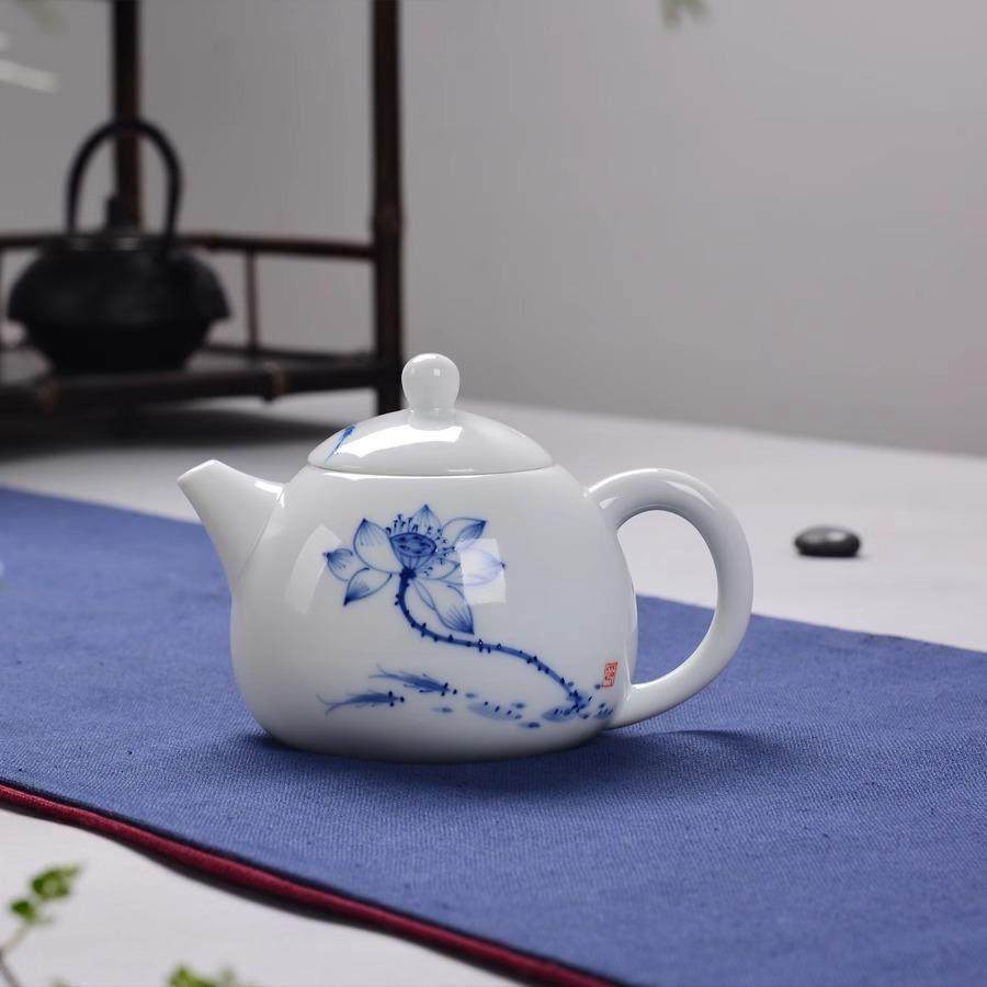 青花手绘茶壶荷花山水鱼戏功夫茶具泡茶小壶办公室送礼防烫西施壶,餐饮具,茶壶,淘宝优惠券,粉丝福利购,淘宝优惠卷