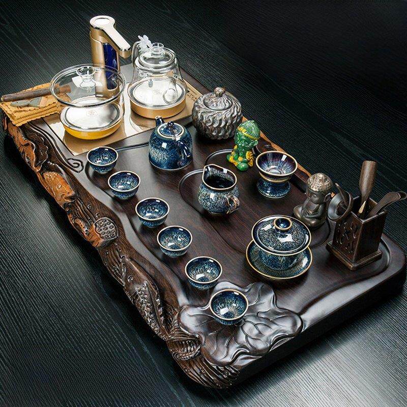 茶具套装家用简约黑檀实木边雕茶盘茶台整套功夫烧水壶一体全自动