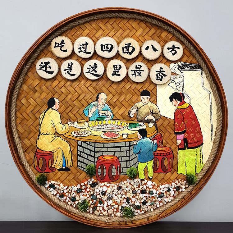 手绘竹编圆形覆古簸箕画民宿餐馆饭店墙壁背景挂画农家院装饰挂件