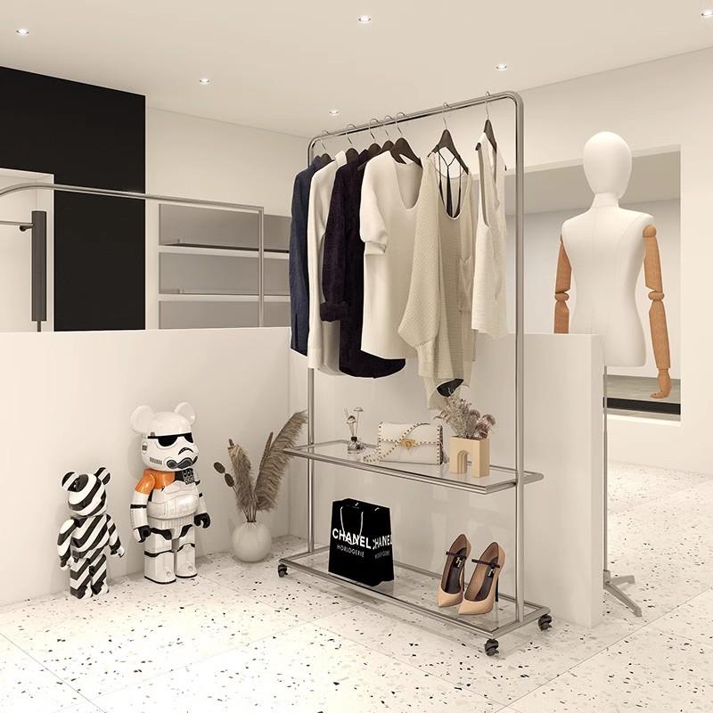服装店展示架不锈钢落地式橱窗挂衣架移动女装陈列货架玻璃带轮子