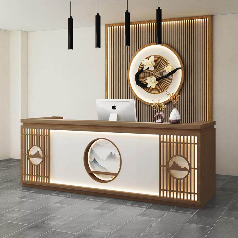 覆古新中式水曲柳原木色吧台收银台网红民宿养生馆收银台接待台