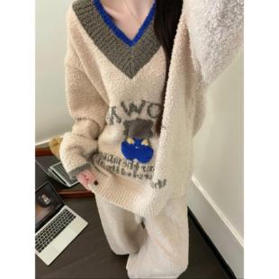 可爱睡衣针织卡通家居服两件套装加绒加厚半边绒秋冬季女生可外穿