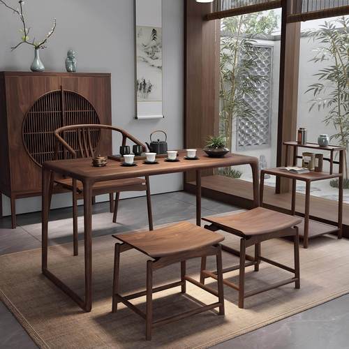 新中式阳台茶桌小型2025新款家用客厅中古风黑胡桃木实木茶台1米2