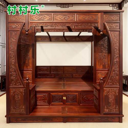 仿古实木拔步床踏步床中式家俱两米双人床踏板式古典穿雕花架子床