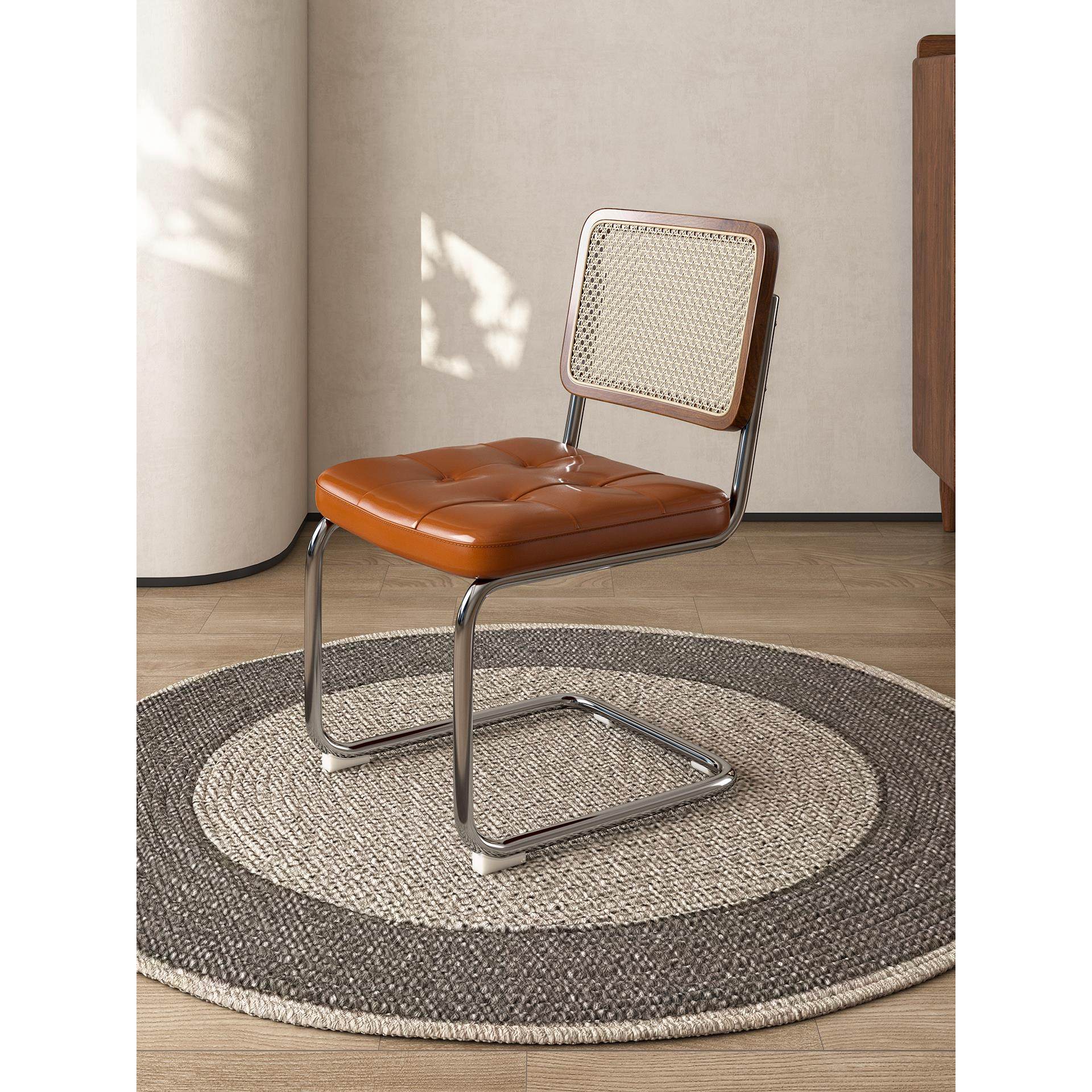 网红藤编靠背餐椅家用中古不锈钢实木椅子复古设计师餐厅瓦西里椅