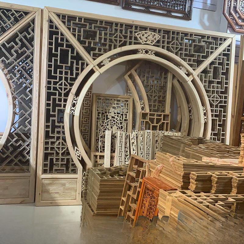 东阳木雕彷古实木门窗雕花屏风隔断客厅月洞门古风摄影圆拱背景
