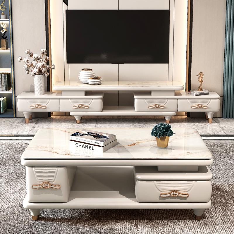 大理石咖啡桌电视柜组合集简单现代小公寓钢化玻璃伸缩柜北欧家具