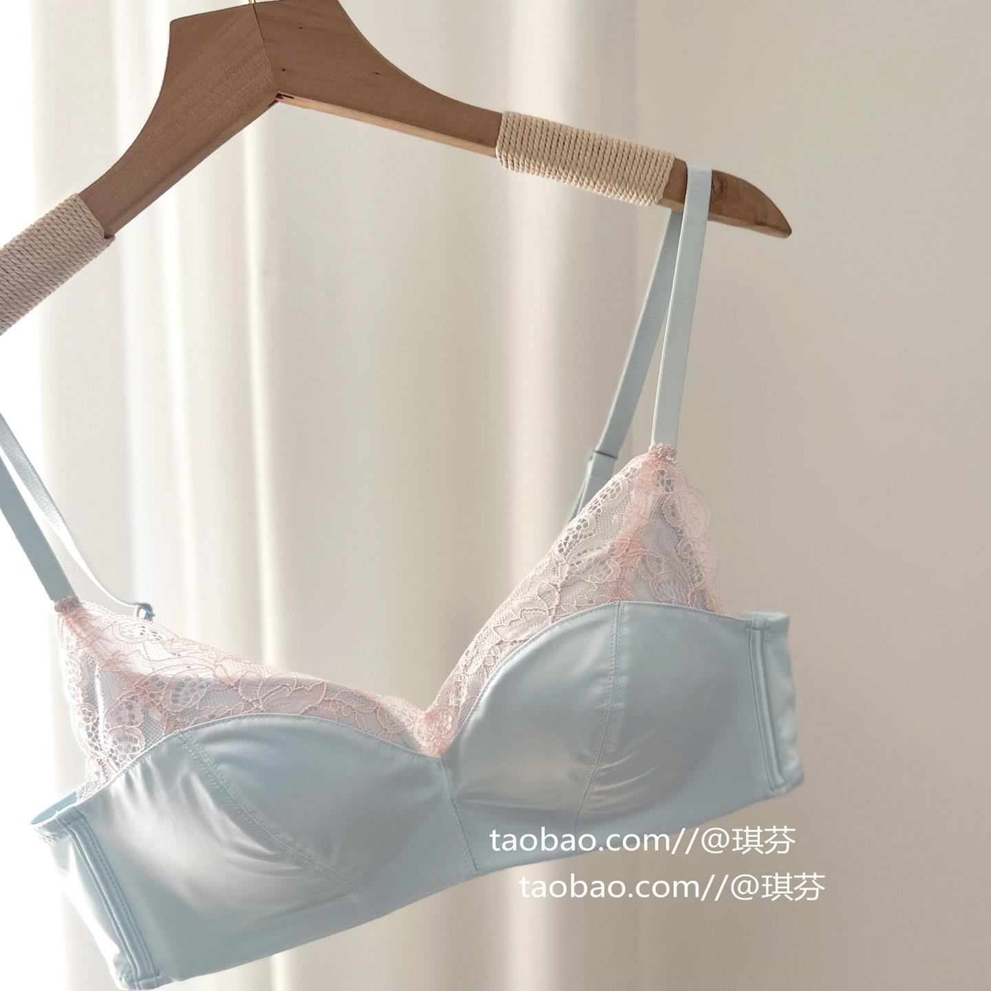 “蓝色是忧郁”法式轻奢~ 珠光缎面纯欲蕾丝内衣女小胸聚拢文胸罩