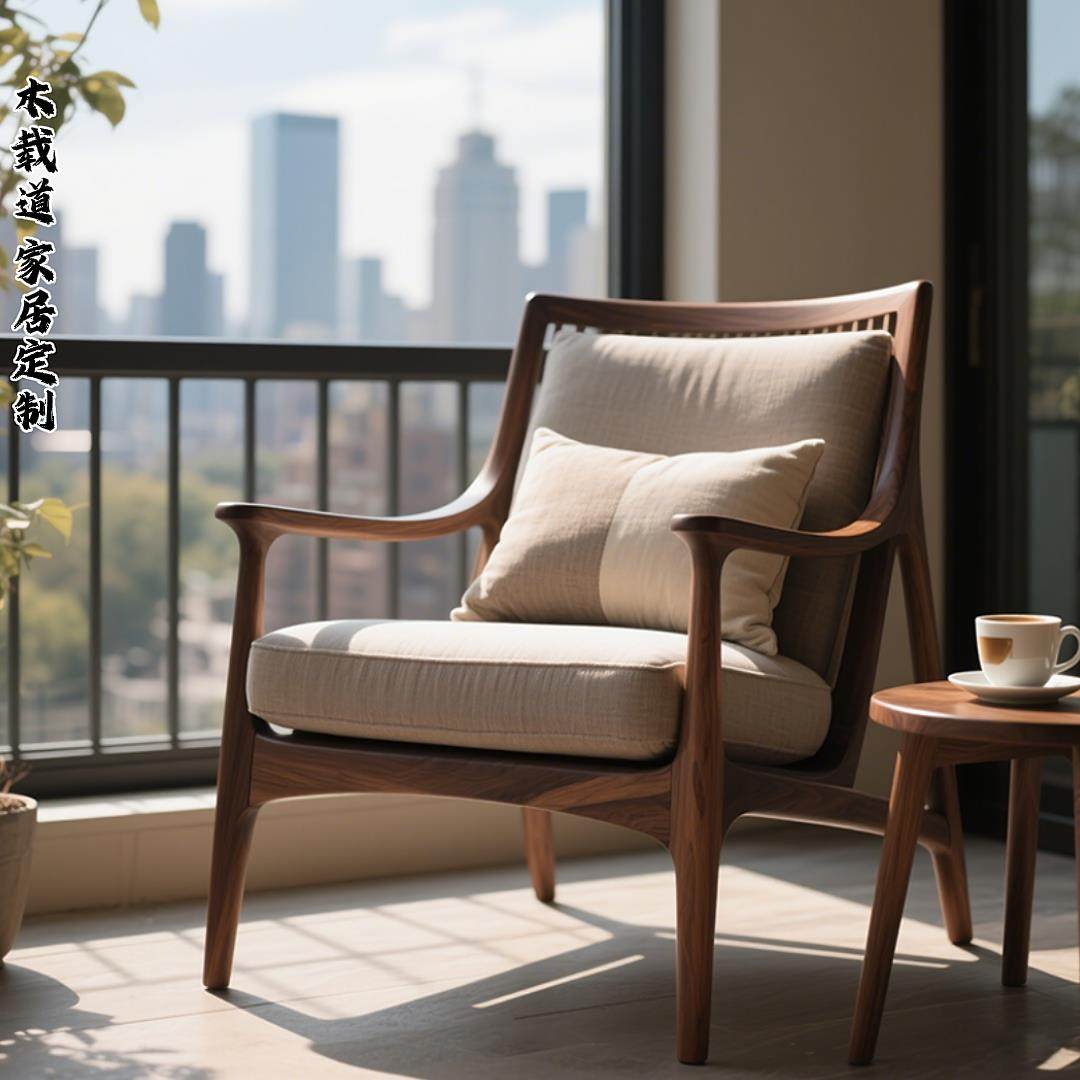 客厅2025新款极简新中式简约懒人阳台单人椅北美黑胡桃实木沙发椅
