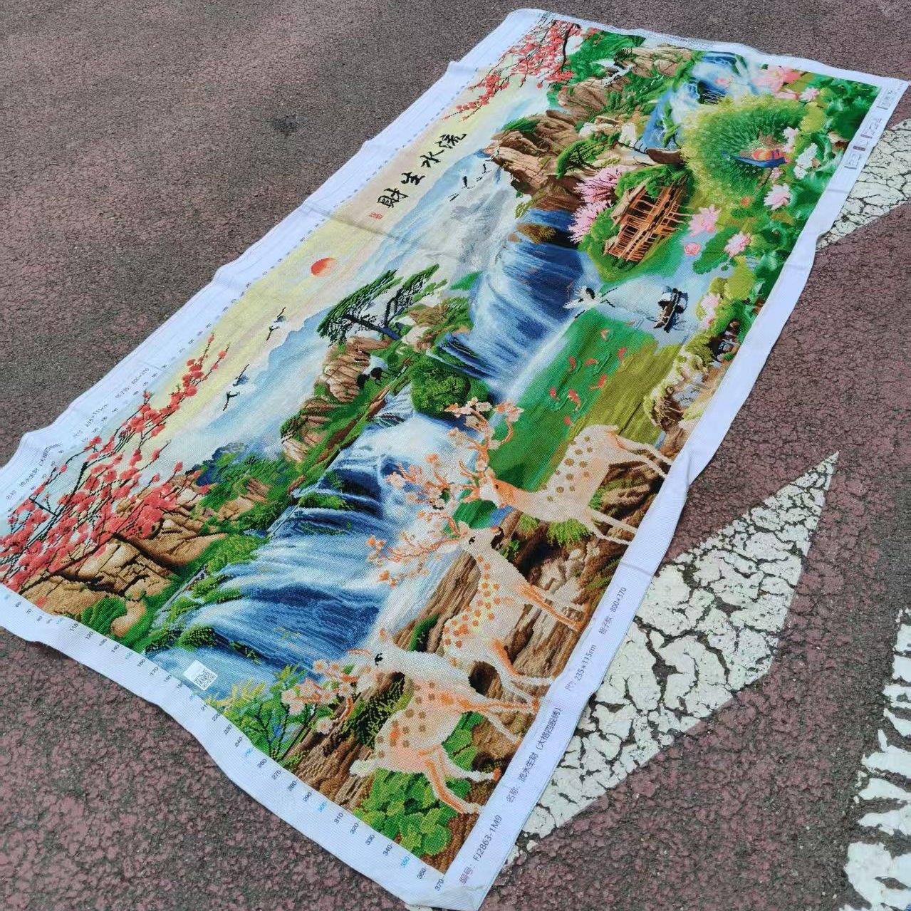 流水生财纯手工十字绣成品发财鹿孔雀新款客厅招财风景挂画可带框