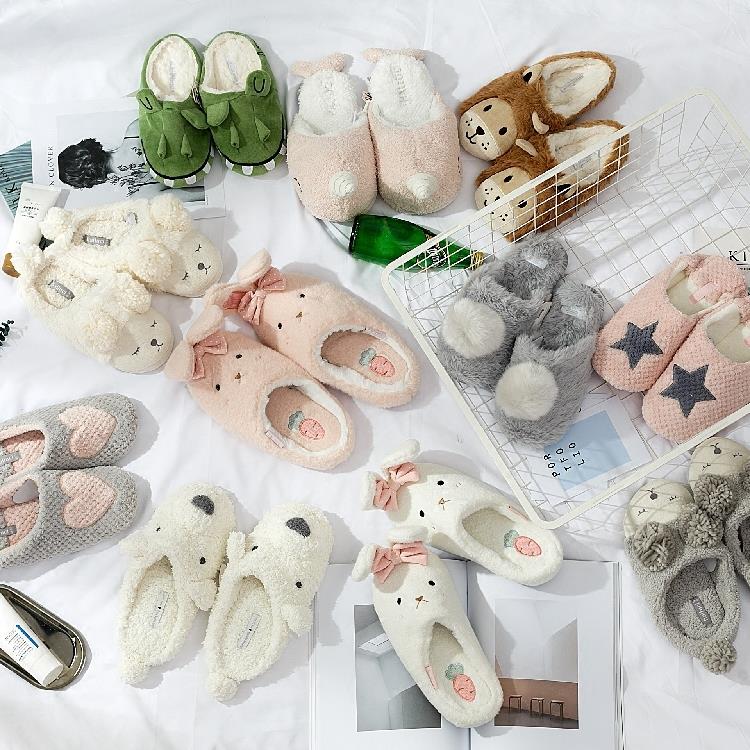 日本秋冬萌狮子绵羊兔子耳朵室内家居拖鞋羊羔绒情侣地板静音拖鞋