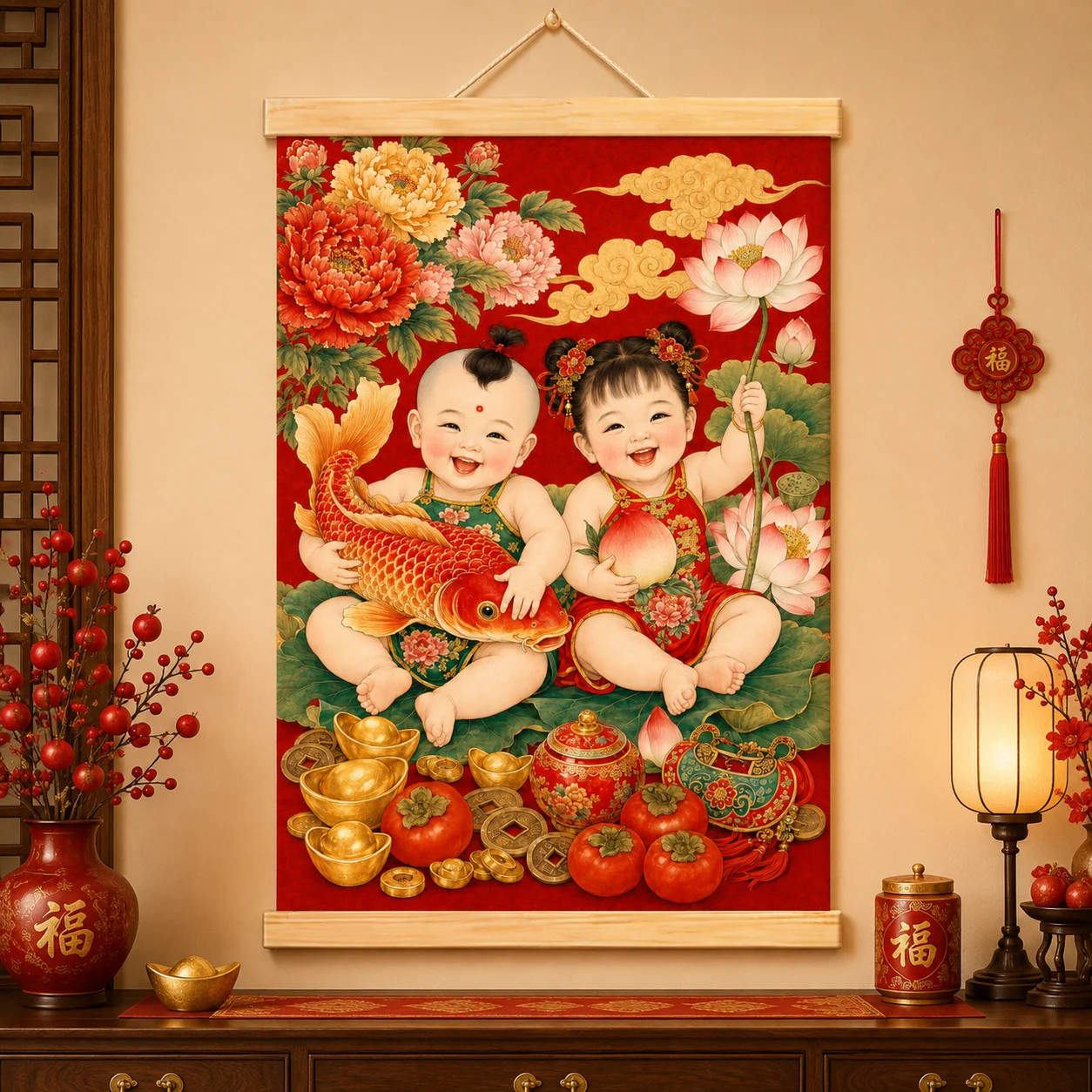 送子娃娃图龙凤胎求子装饰画