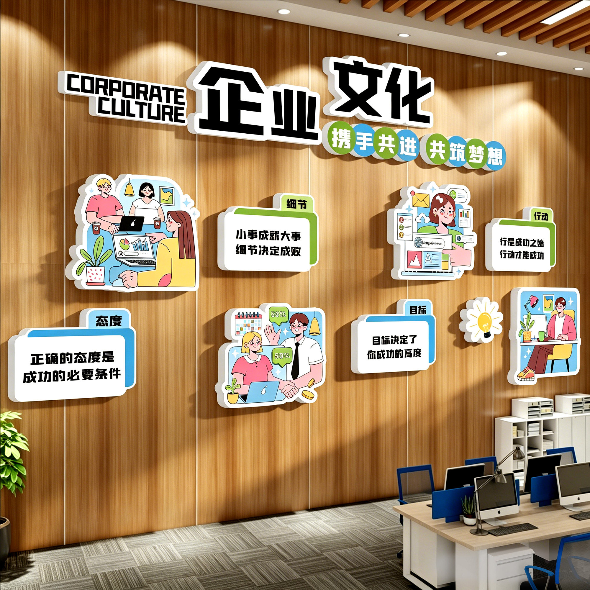 企业文化墙办公室墙面装饰画氛围布置进门公司形象励志标语墙贴纸