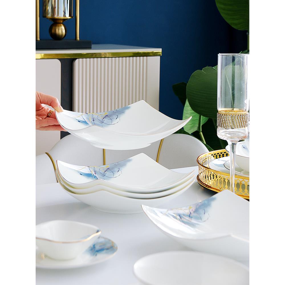 家用骨瓷深菜盘子 创意8英寸翘脚盘深汤盘可微波金边饭盘沙拉盘