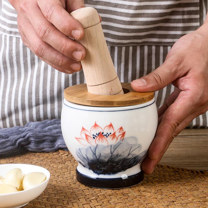 家用捣蒜臼陶瓷研磨器手绘蒜臼子蒜泥捣碎器手动捣蒜泥神器压蒜器