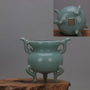 宋 汝窑青釉铁胎双耳如意尊三足香炉 仿宋代出土古董古玩五大名窑