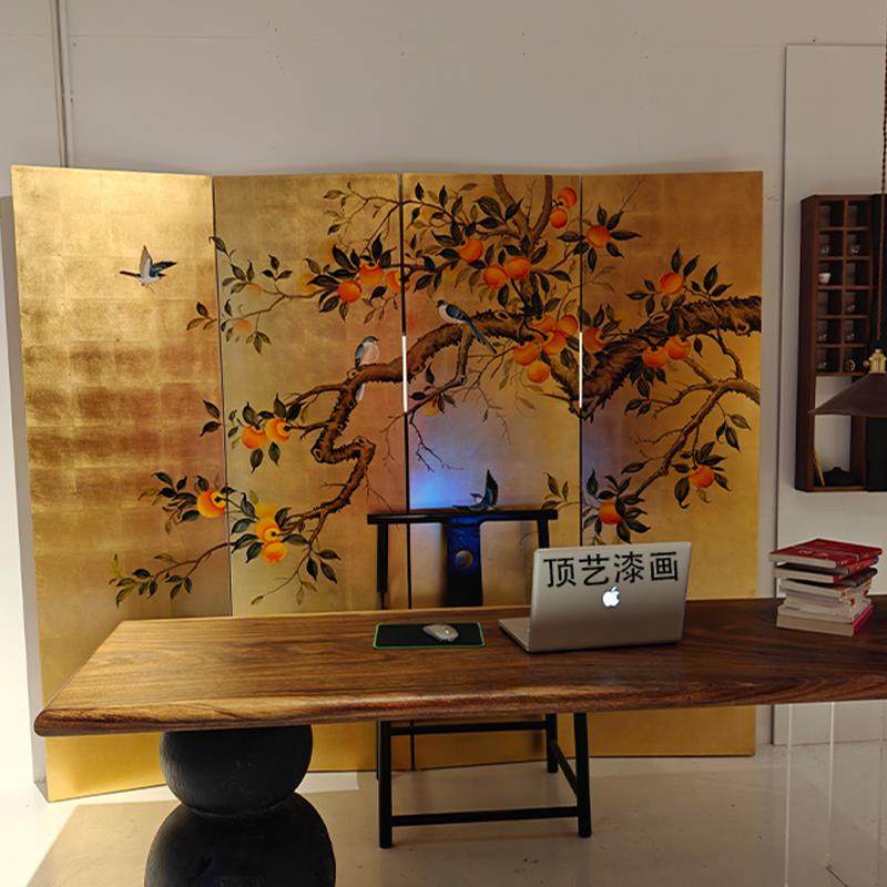 新中式手绘金箔屏风客厅工作室隔断柿子折叠屏风可移动