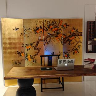 新中式手绘金箔屏风客厅工作室隔断柿子折叠屏风可移动
