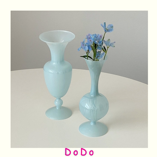 DoDo 中古玻璃花瓶Vintage高腳奶藍(lán)奶玉莫蘭迪古典浮光躍金 法式