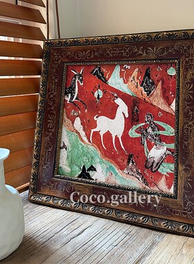 热销可可的画廊敦煌壁画九色鹿吉祥寓意中古新中式小众复古茶室装