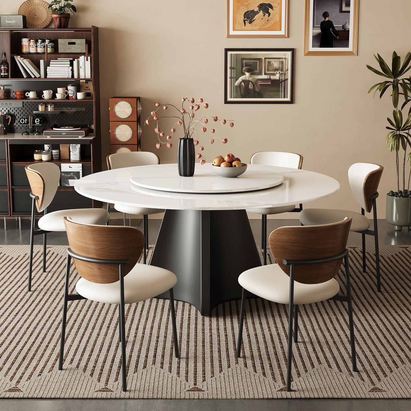 法式岩板餐桌椅组合现代简约圆桌圆形带转盘家用小户型吃饭桌覆古