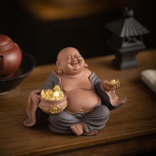陶瓷招财弥勒佛茶宠摆件客厅茶室紫砂如意元宝大肚笑佛桌面装饰品
