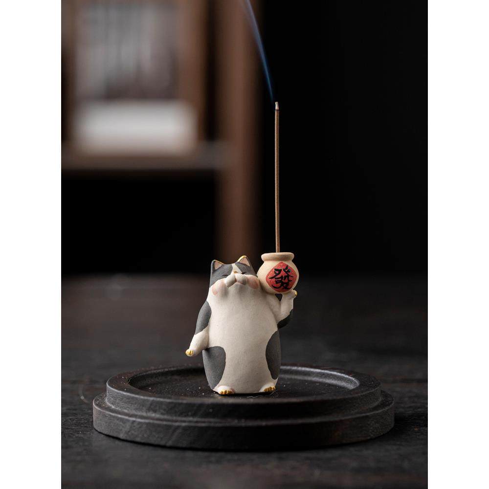 原创陶瓷手作可爱招财猫香薰炉家居摆件装饰手绘小猫咪线香插香座