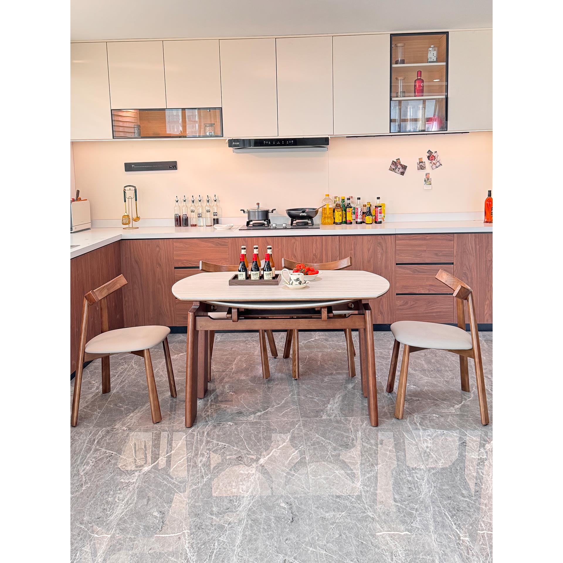 可伸缩岩板餐桌轻奢现代简约方圆两用家用小户型白蜡木实木餐桌