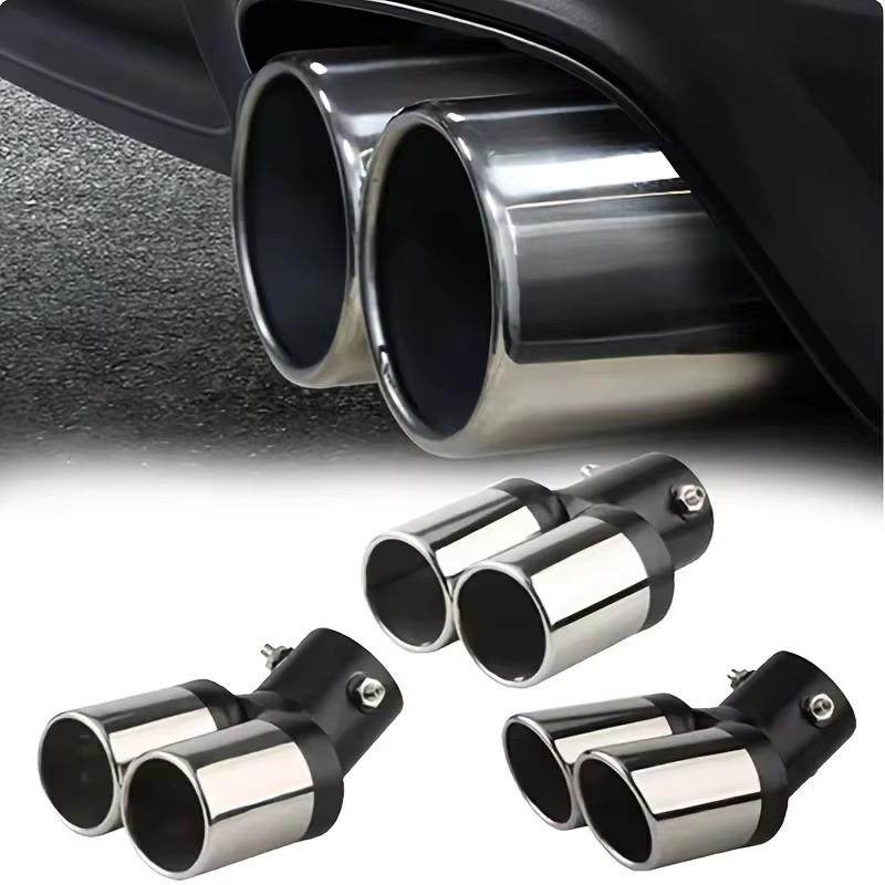 汽车通用一出二尾喉 双管尾管消声器 不锈钢加厚排气管改装银黑色