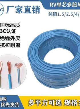 国标电线 单芯RV 0.5/0.75/1/1.5/2.5/4/6 浅蓝色 纯铜芯多股软线