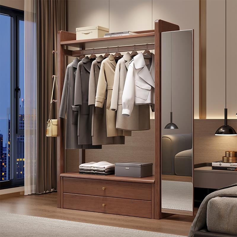 实木挂衣架穿衣镜一体落地卧室带镜子衣帽架全身镜简约收纳置物架