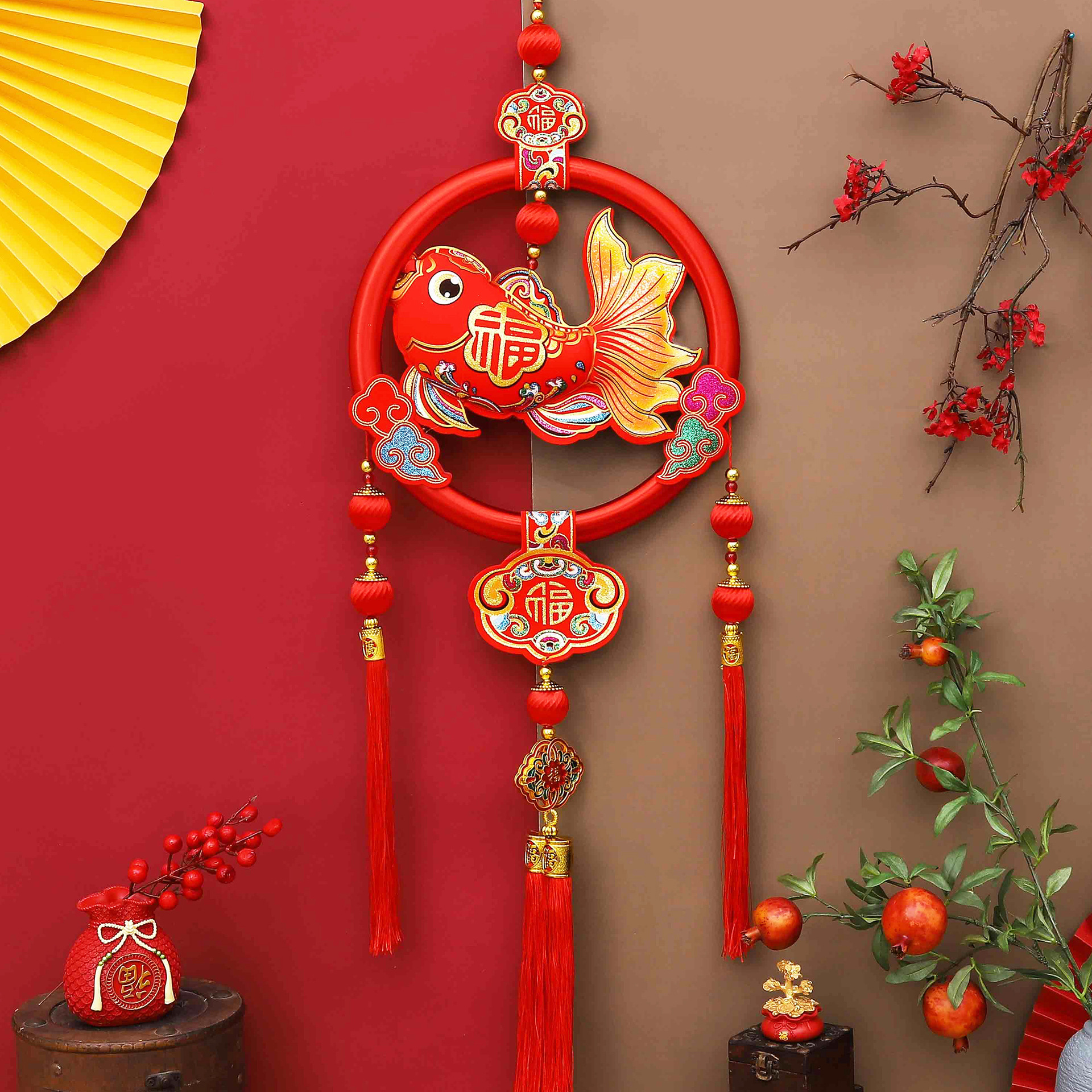 新年爆款中国结挂件过年春节用品玄关新年装饰新款花环福字挂饰