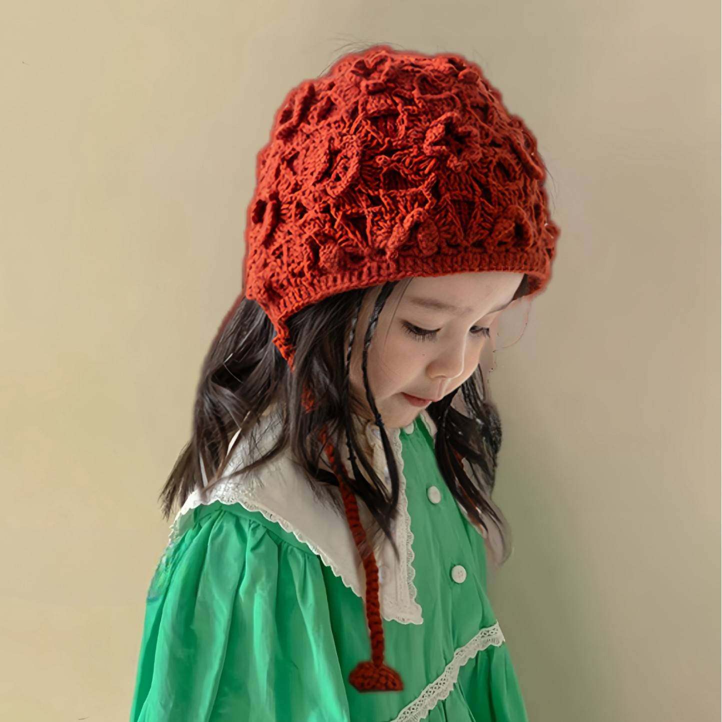 2024新款儿童帽子秋冬镂空花朵毛线帽女童针织护耳帽女宝宝套头帽