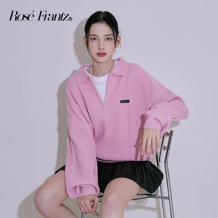 Rose Frantz秋冬半开领拉链针织衫上衣女翻领气质慵懒松弛感毛衣