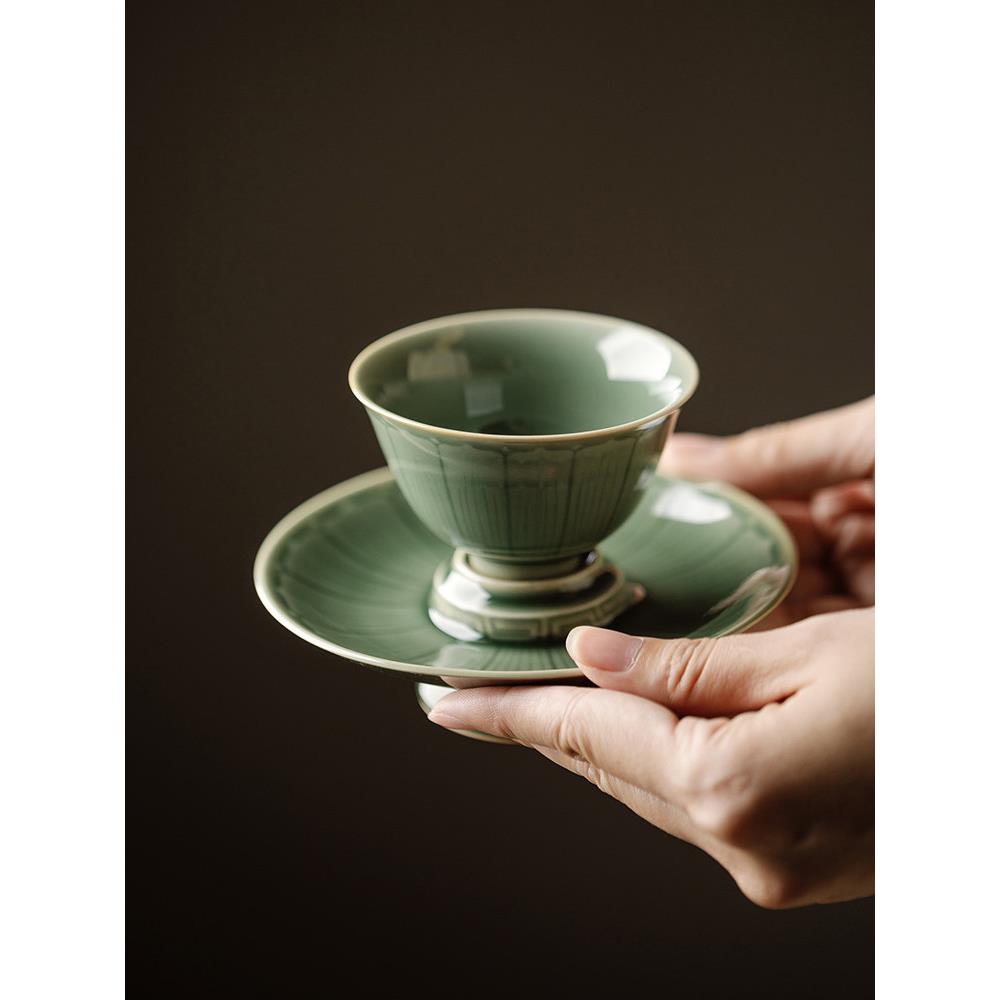 梵汝越窑青瓷主人杯套杯功夫茶小杯带底托家用陶瓷茶盏喝茶品茗杯