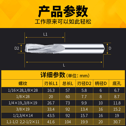 钨钢管螺纹铣刀英制G铝用铣牙刀硬质合金BSP钨钢铣刀全牙型3/41/2