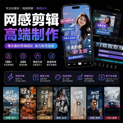 抖音短视频专业制作小红书原创网感口播自媒体Vlog博主高级感剪辑