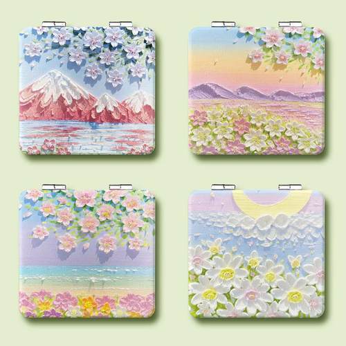 小镜子手绘彩油画化妆镜便携随身镜折叠双面镜手拿翻盖式补妆镜